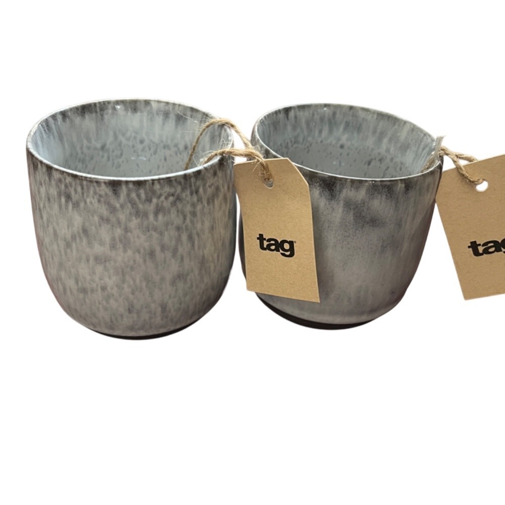 tag Hot/Cold‎ Stoneware Stemless Mug WHITE Gray Set of 2 Farmhouse Artisan Look
